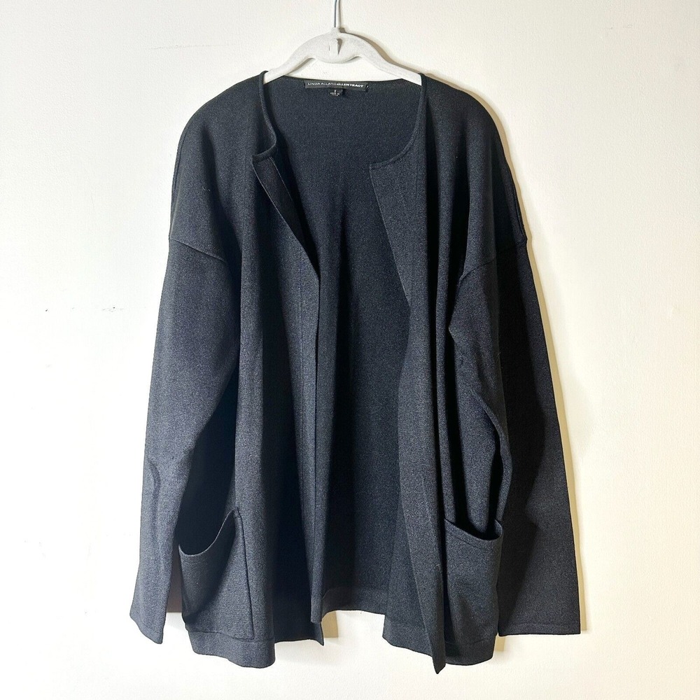 Linda Allard Ellen Tracy Cardigan Women Plus 0X Black Silk Sweater Open Front